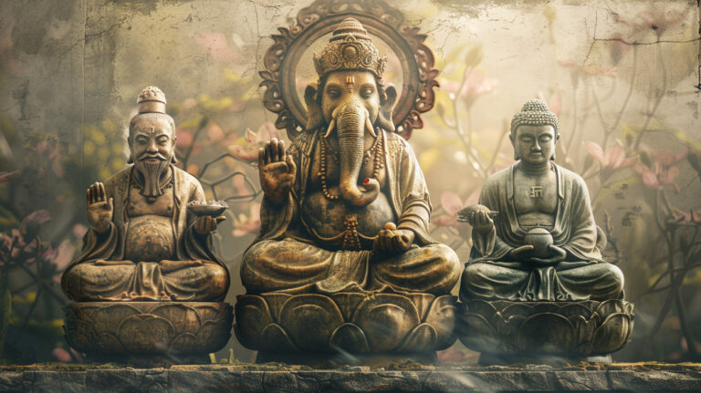 The Wandering Bodhi Tree, depicting Ganesha, the Buddha and Lao Tzu of Tao